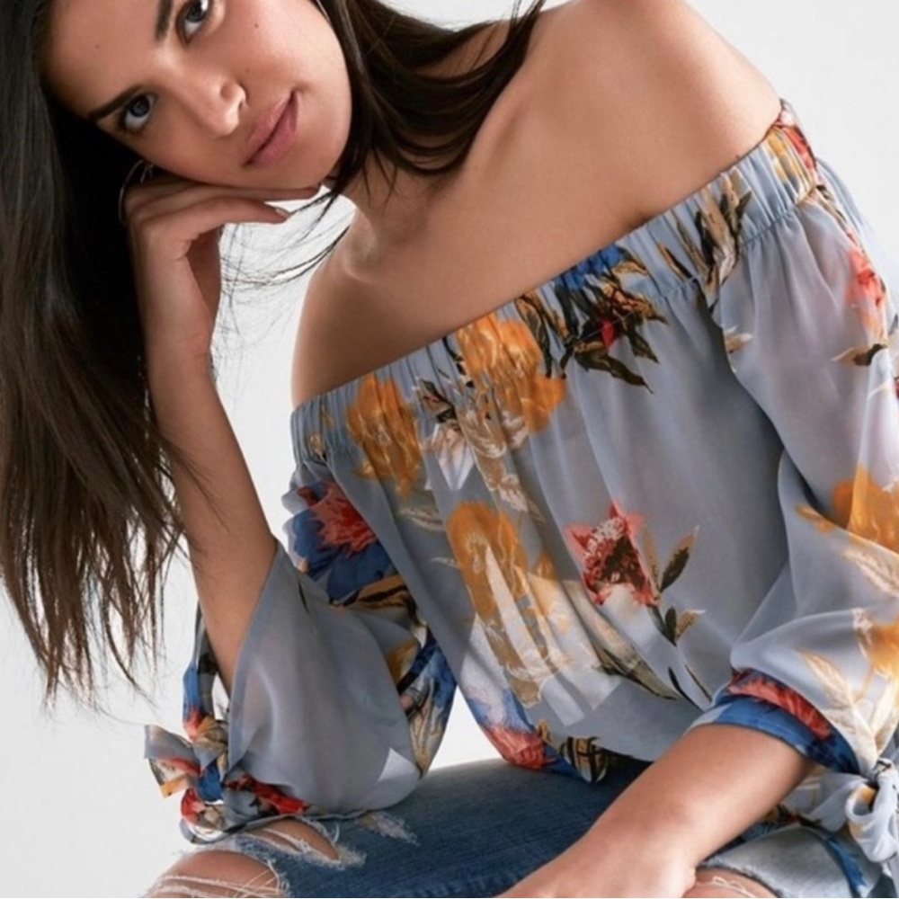 Lucky Brand Blue Floral Off the Shoulder Flowy Semi Sheer Top